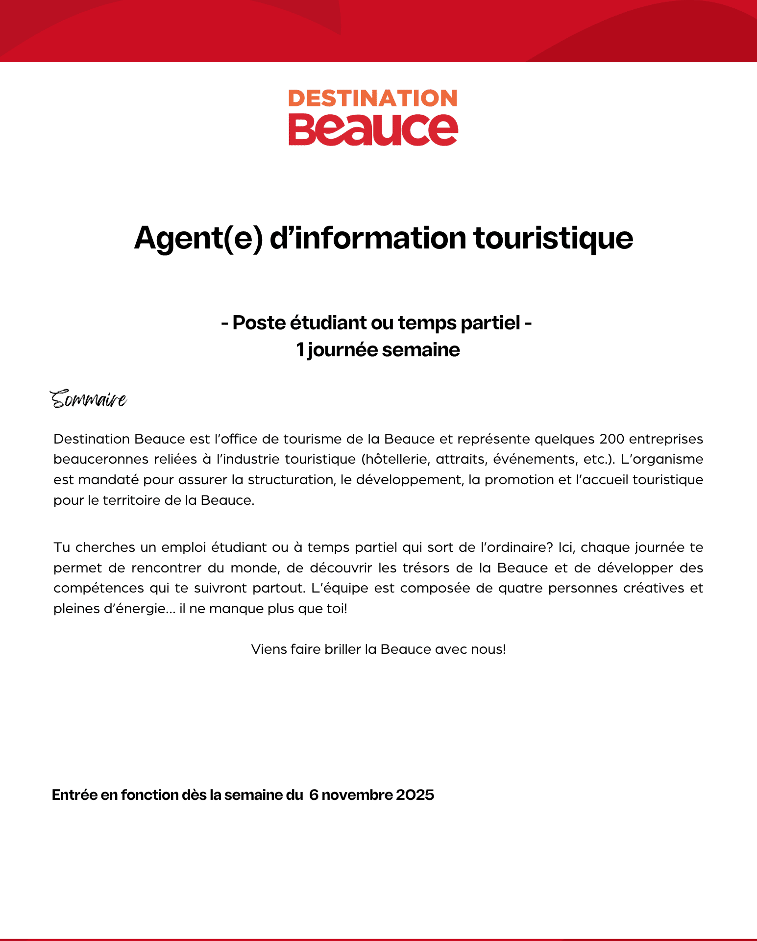 Offre d'emploi - Agent(e) d'information touristique